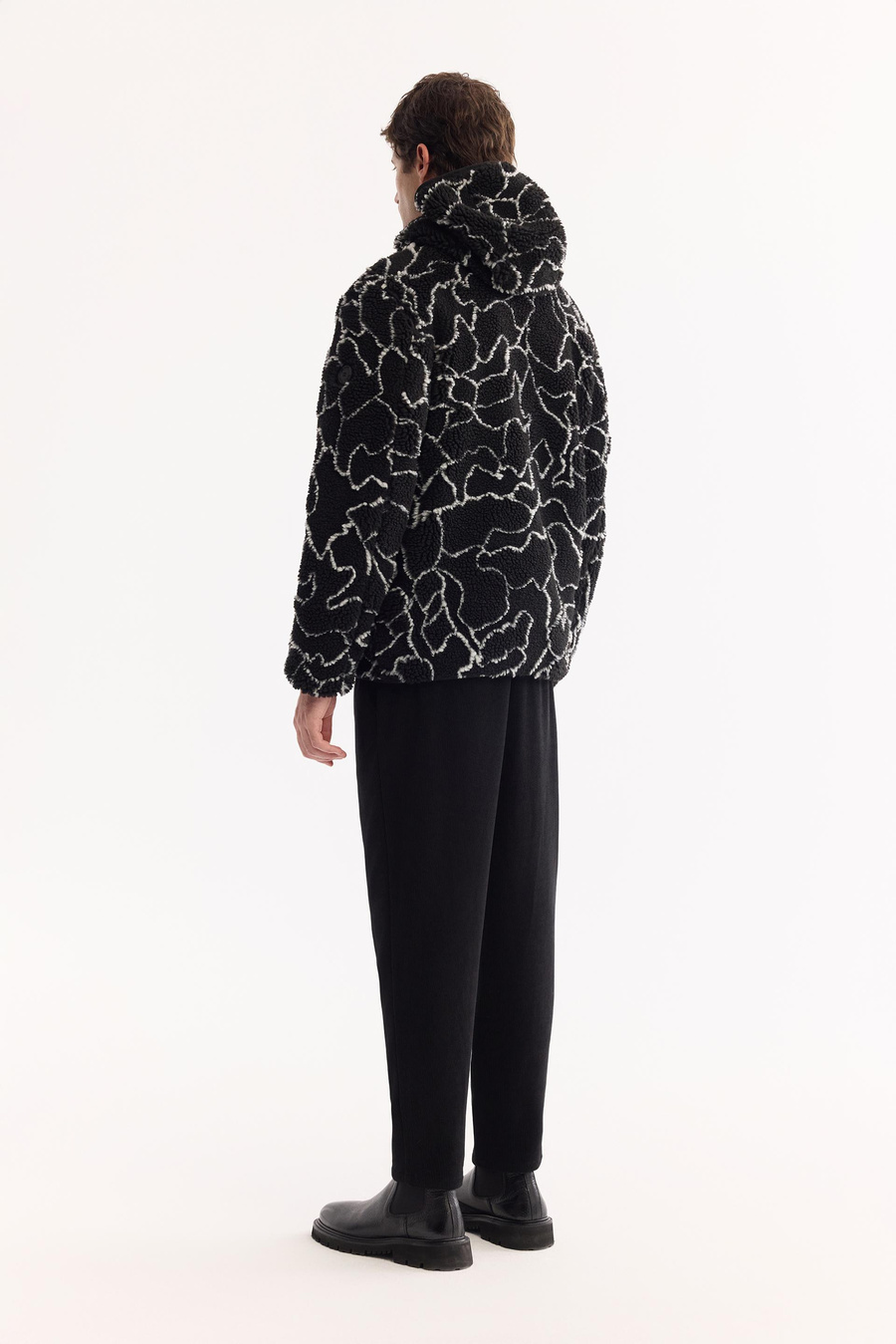 Siyah Çift Taraflı Kapüşonlu Peluş Mont