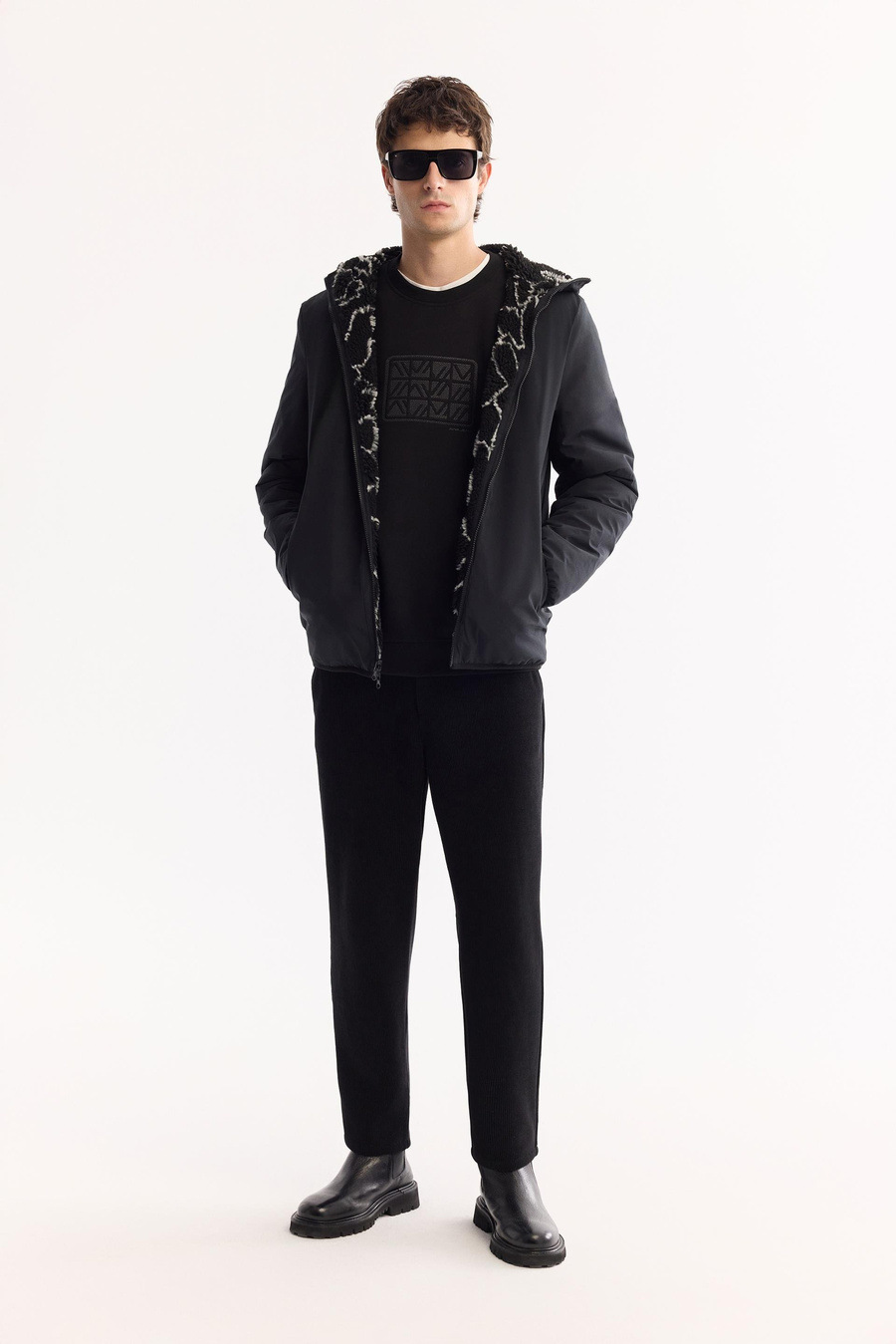 Siyah Çift Taraflı Kapüşonlu Peluş Mont