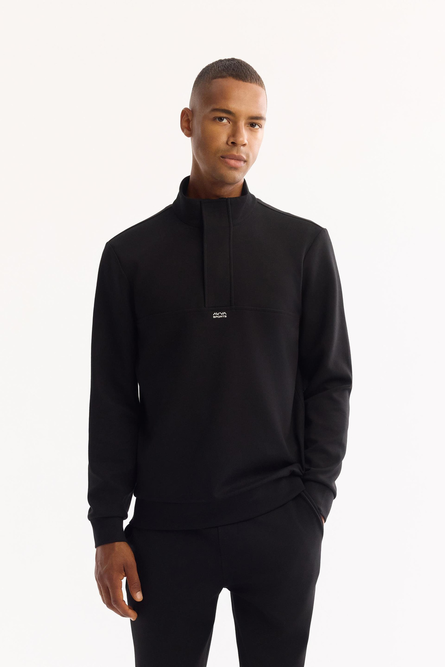 Siyah Dik Yaka  Fermuarlı Gizli Pat  İnterlok Sweatshirt