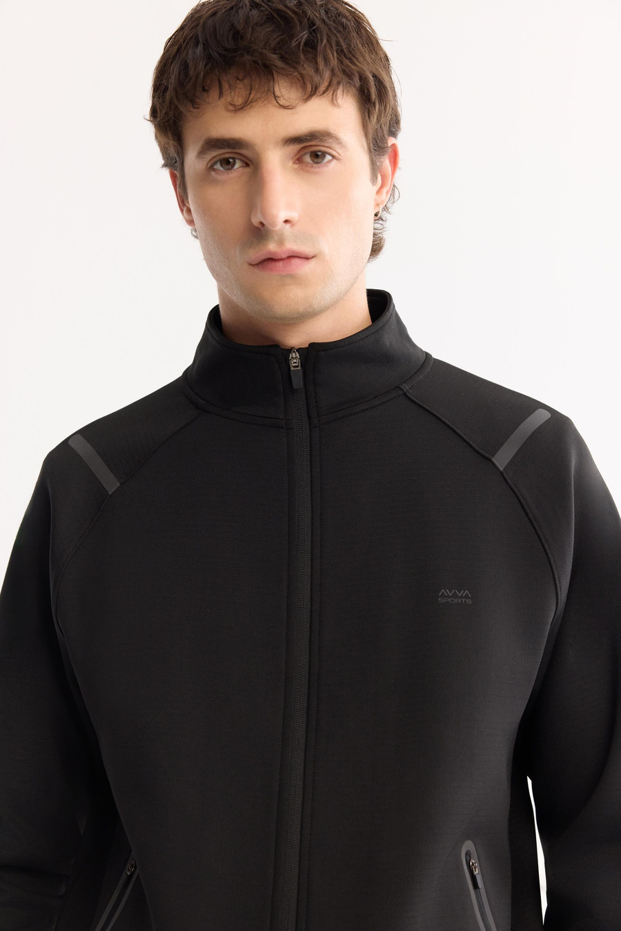 Siyah Dik Yaka Fermuarlı Yan Cepli Fermuar  Dokulu İnterlok Hırka