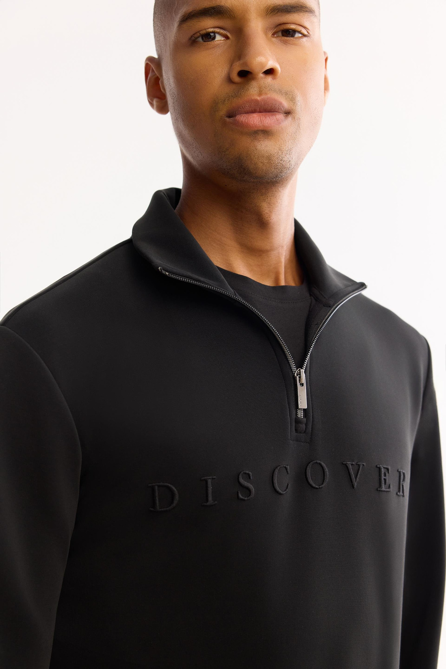 Siyah Fermuar Dİk Yaka Nakış Baskılı Soft Touch  Sweatshirt