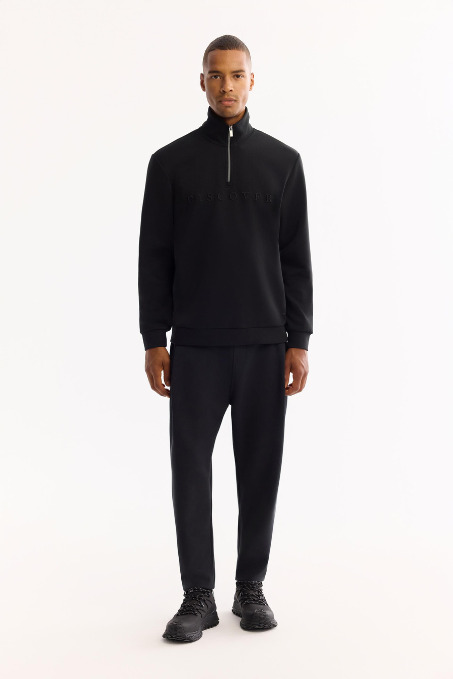 Siyah Fermuar Dİk Yaka Nakış Baskılı Soft Touch  Sweatshirt