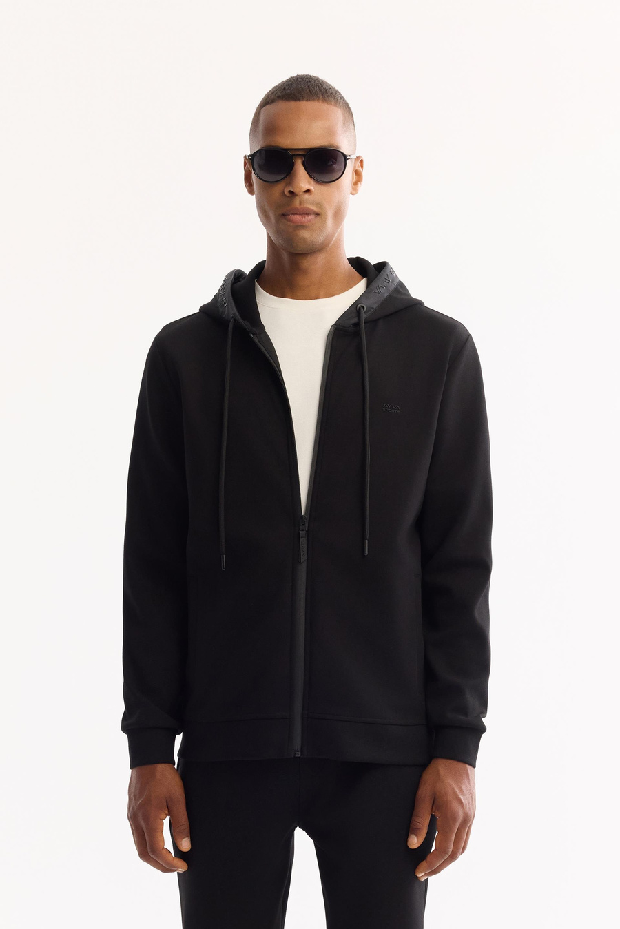 Siyah Kapişüyonlu Yaka Jel Baskı  Göğüs  Enjeksiyon Baskılı Fermuarlı İnterlok Sweatshirt Hırka