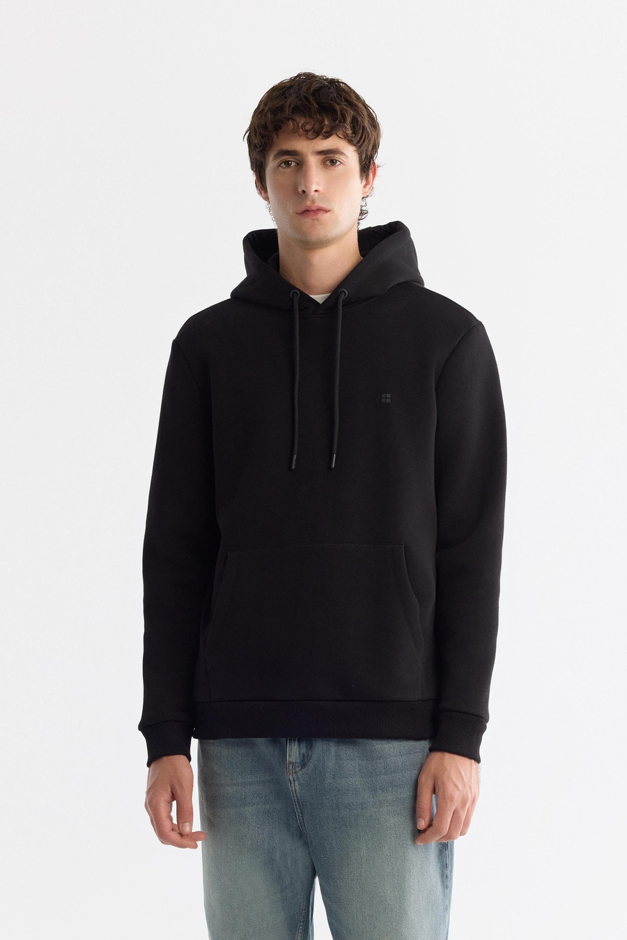 Siyah Kapüşonlu 3 iplik şardonlu sweatshirt