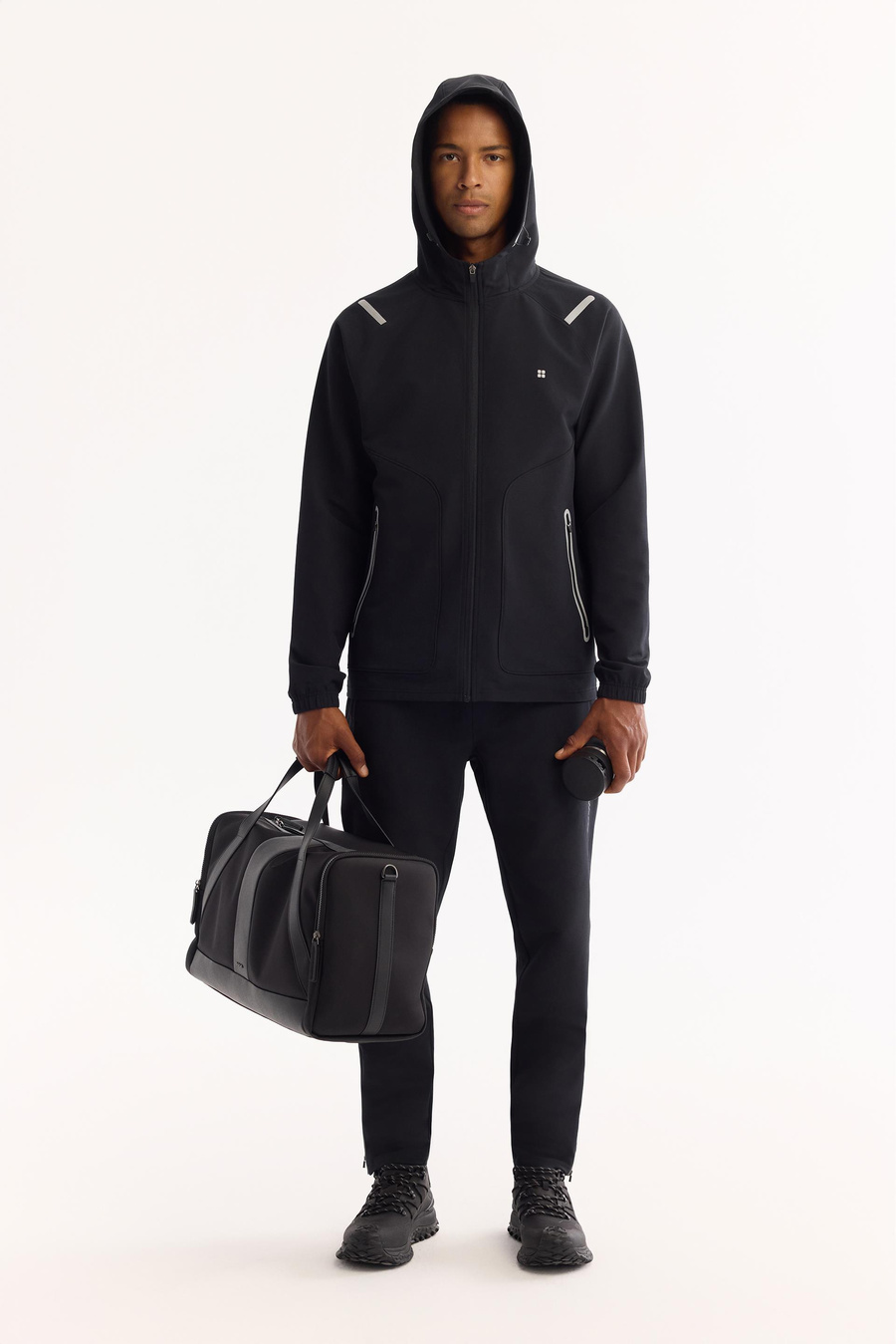 Siyah Kapüşonlu Fermuarlı Fleksi ve Reflektör Baskı  Hırka