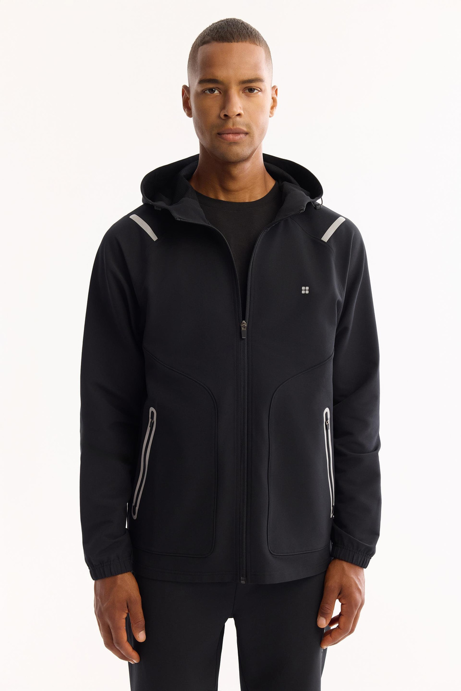 Siyah Kapüşonlu Fermuarlı Fleksi ve Reflektör Baskı  Hırka