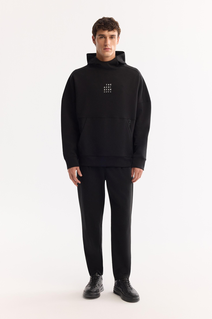 Siyah Kapüşonlu Yaka Kanguru Cep Su Bazlı   Baskılı İnterlok Ovesıze  Sweatshırt