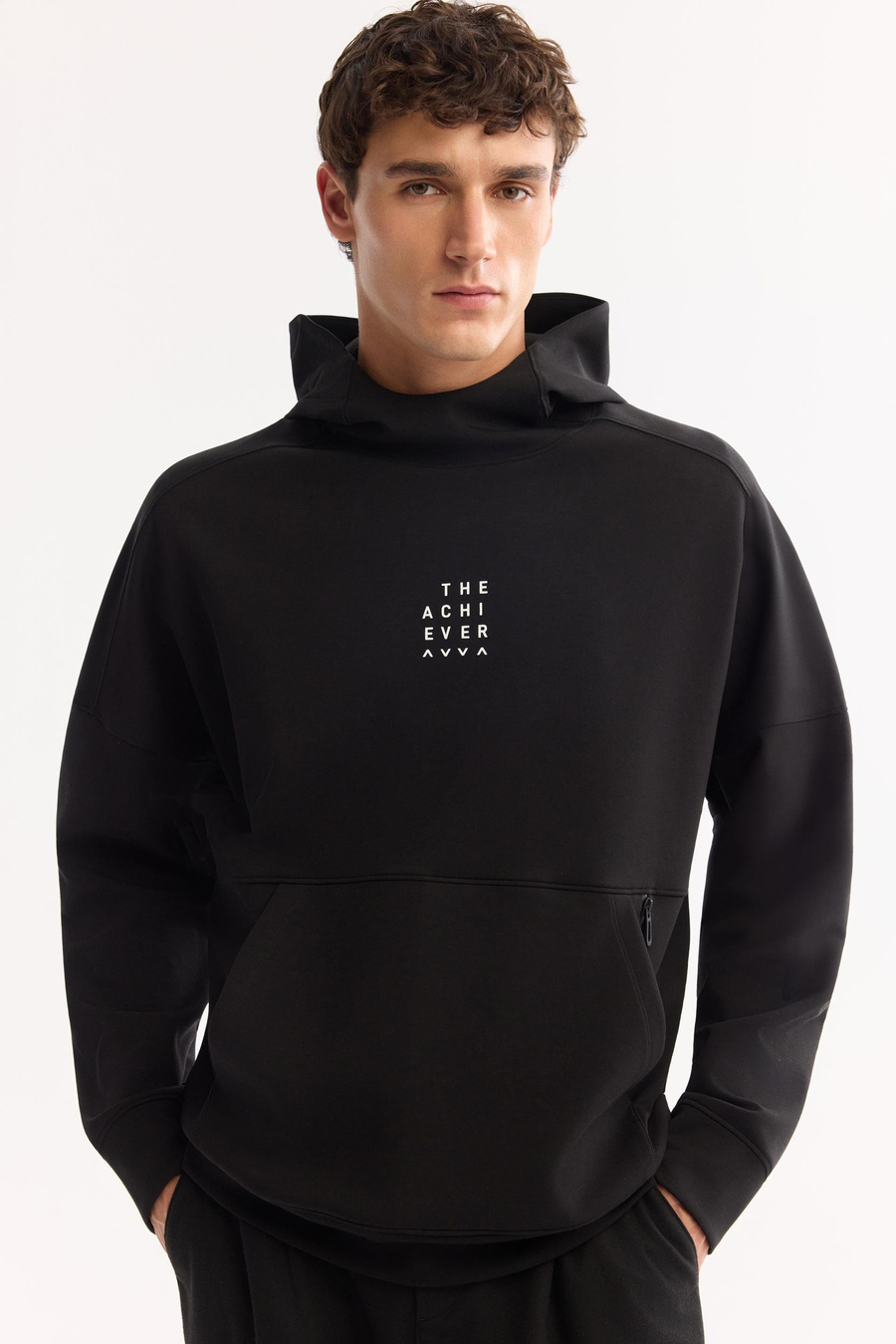 Siyah Kapüşonlu Yaka Kanguru Cep Su Bazlı   Baskılı İnterlok Ovesıze  Sweatshırt