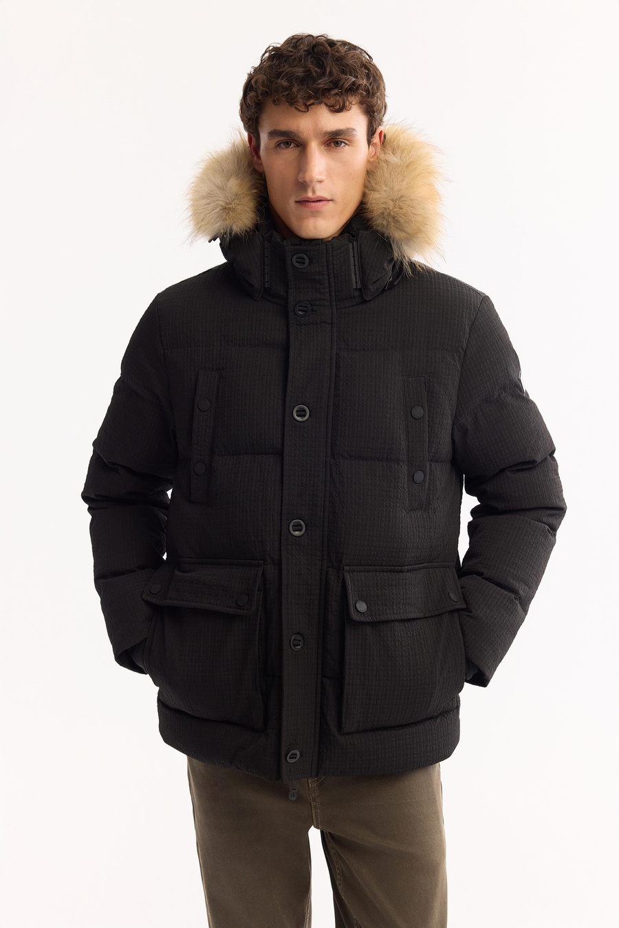 Siyah Kaz Tüyü Yakası 100% Rakun Kürklü Kapüşonlu Mont