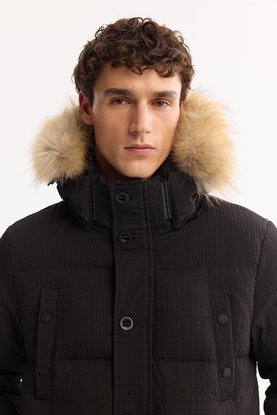 Siyah Kaz Tüyü Yakası 100% Rakun Kürklü Kapüşonlu Mont