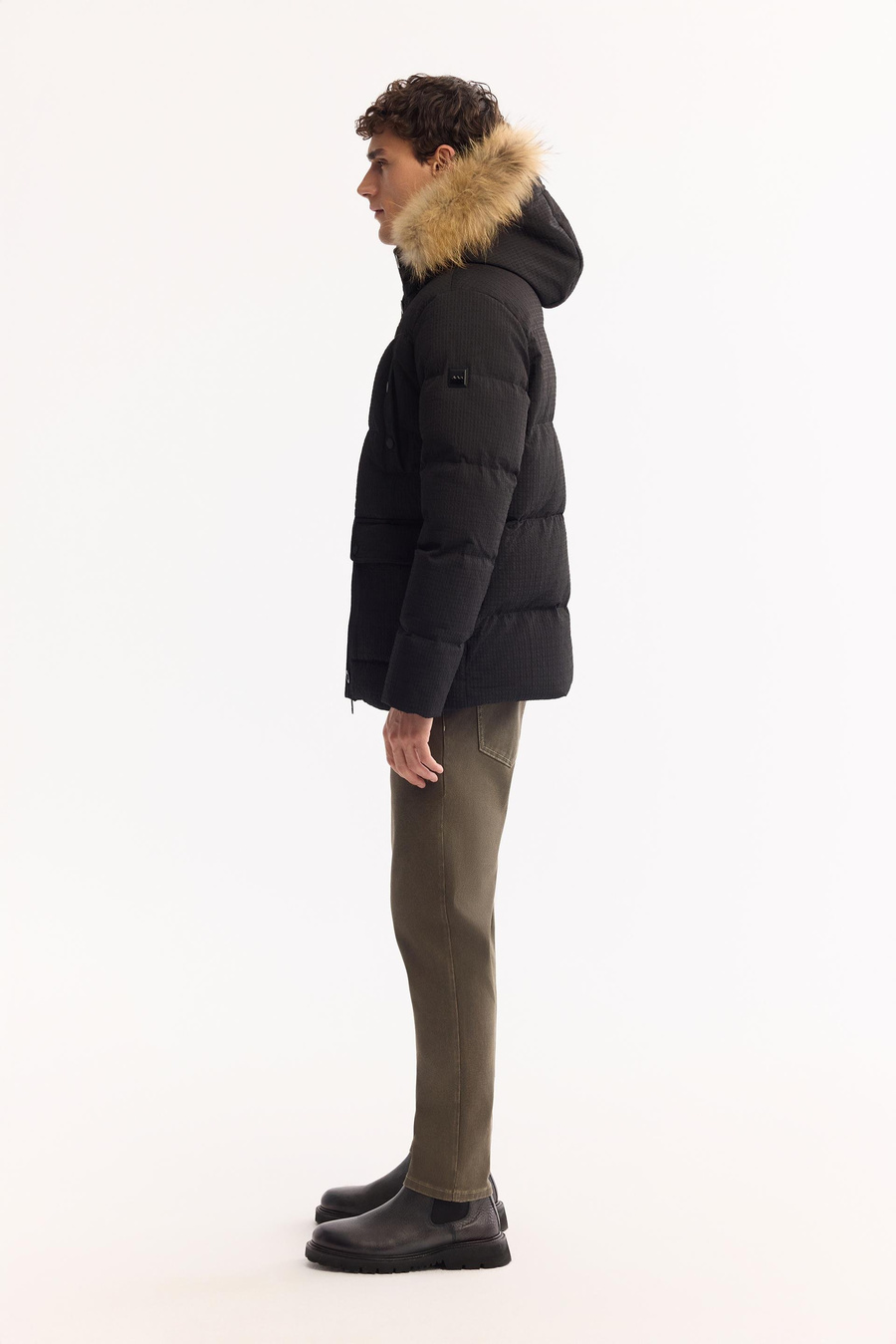 Siyah Kaz Tüyü Yakası 100% Rakun Kürklü Kapüşonlu Mont