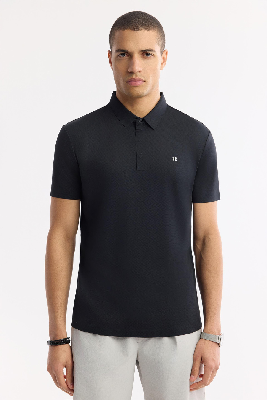 Siyah Kırılmaz Polo Yaka Magnet Düğme Teknik Kumaş T-Shirt