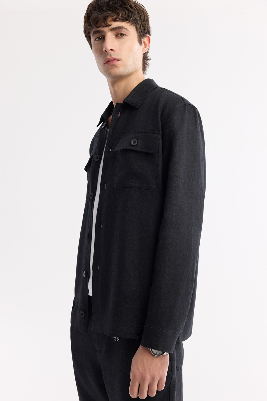 Siyah Klasik Yaka %100 Keten Comfort Fit Gömlek Ceket