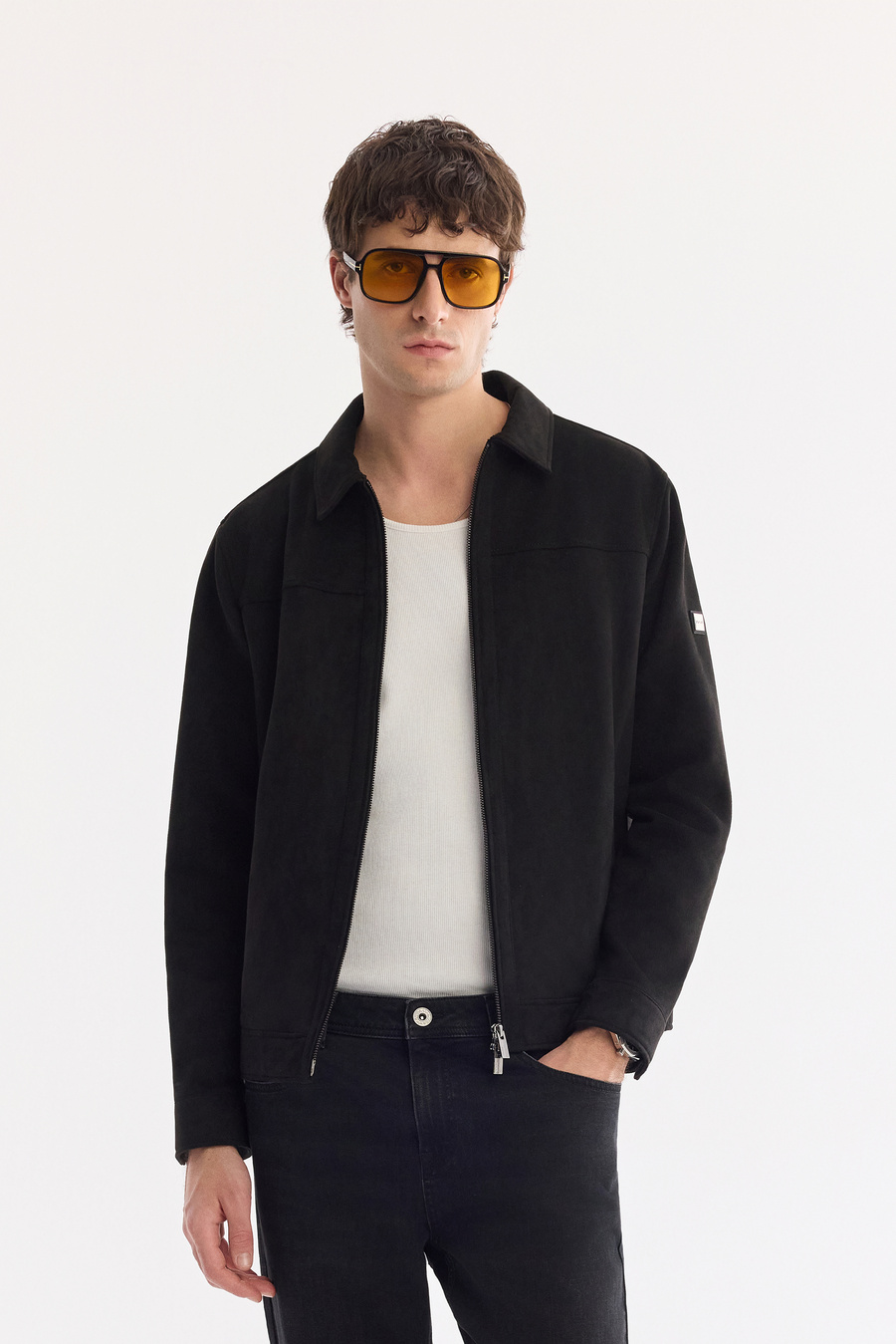 Siyah Klasik Yakalı Fleto Cep Fermuarlı Süet Mont