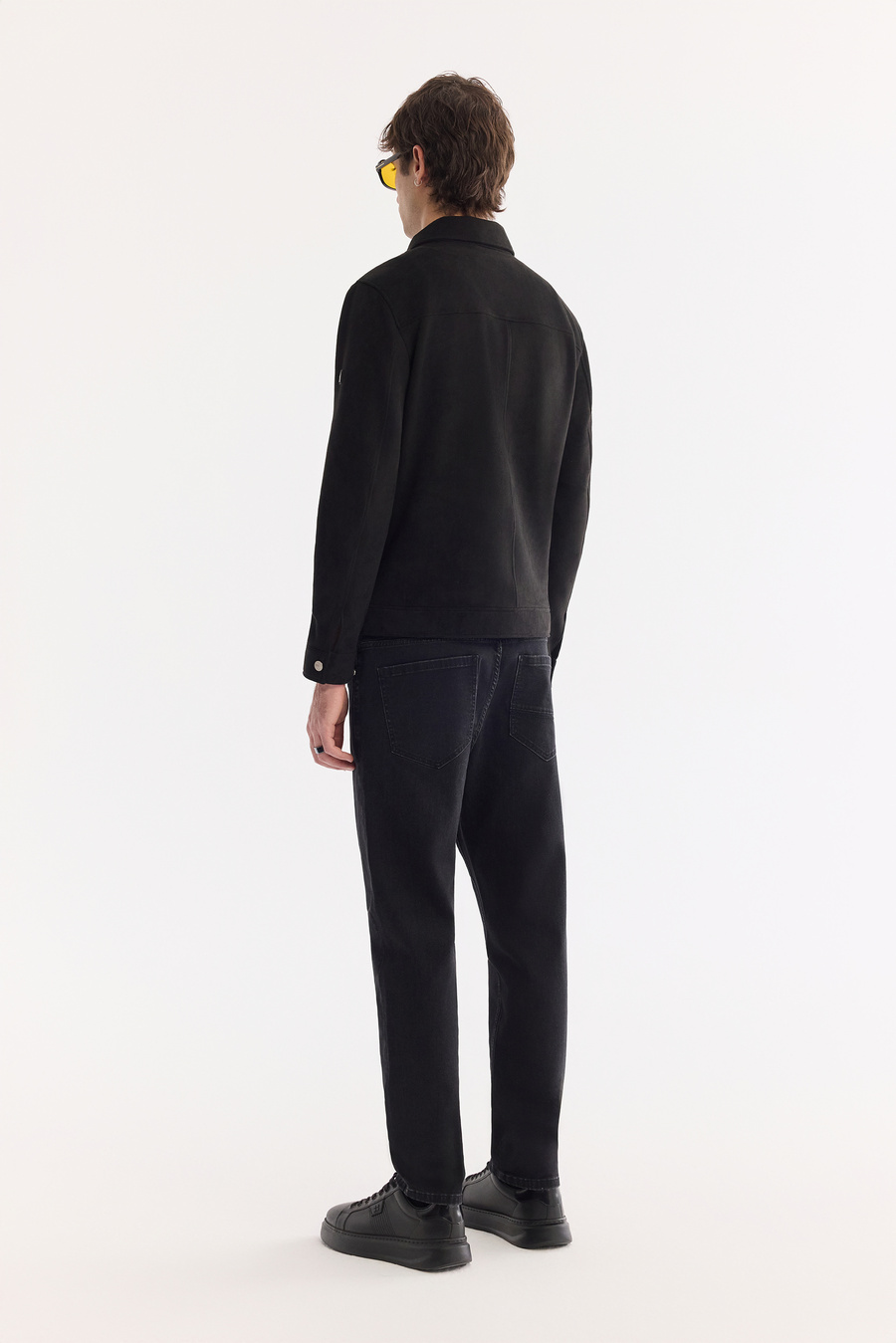 Siyah Klasik Yakalı Fleto Cep Fermuarlı Süet Mont