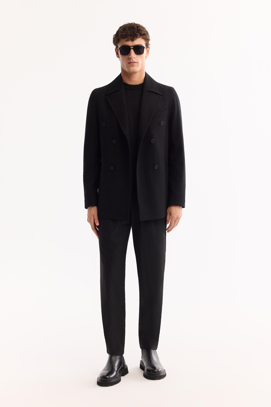 Siyah Kruvaze Yaka Yandan Cepli Çift Sıra Düğme Kapatmalı Astarlı Kaşe Kaban