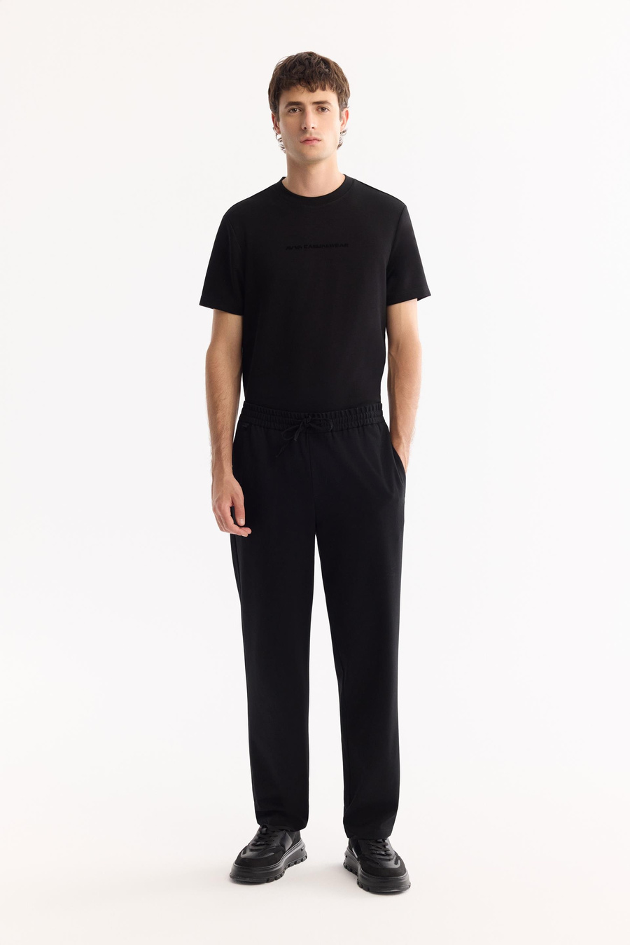 Siyah Beli Lastikli Bağcıklı Relaxed Fit Pantolon