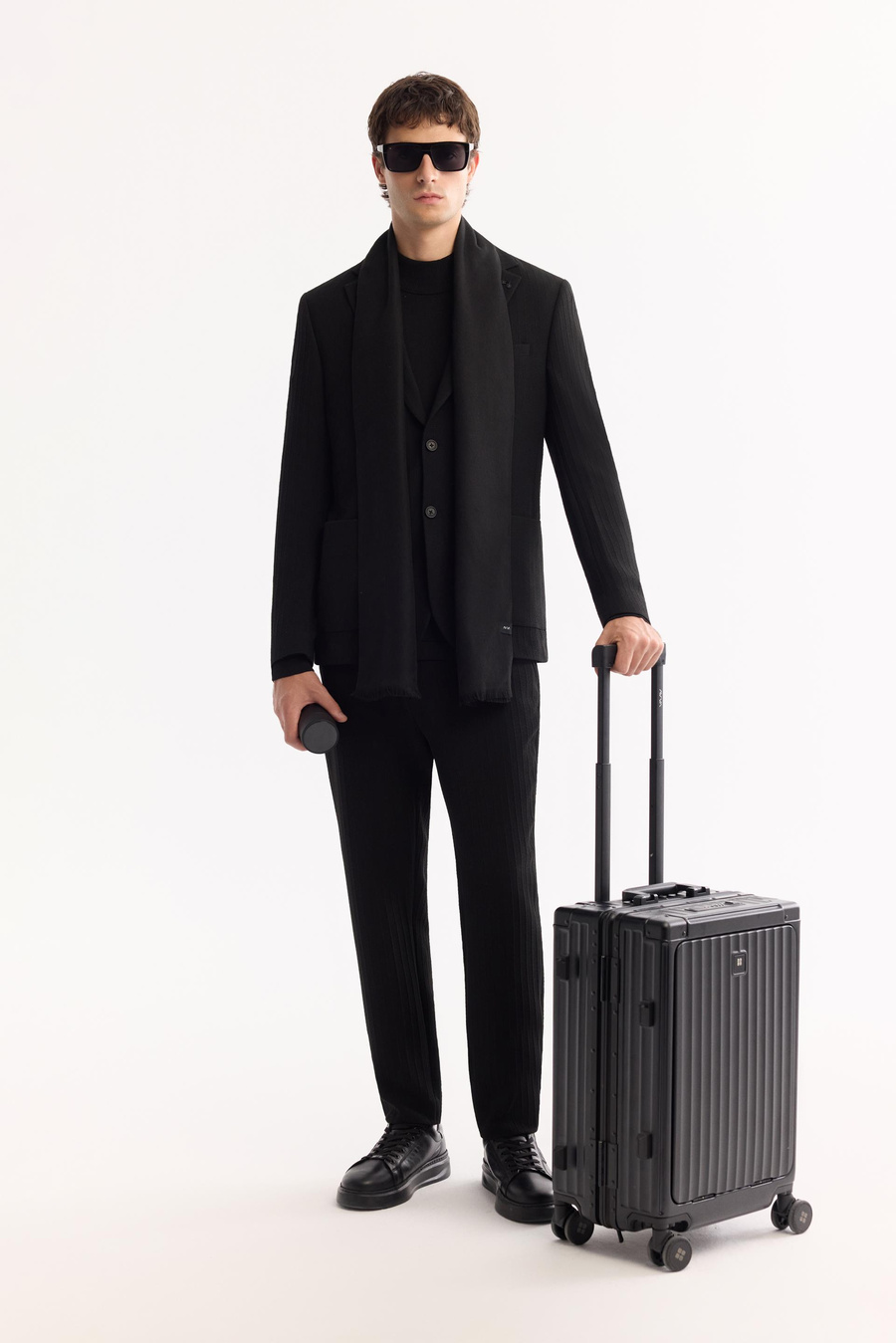 Siyah Mono Yaka Çift Yırtmaç Astarsız Torba Cep Diyagonal Dokulu Kumaş Ceket