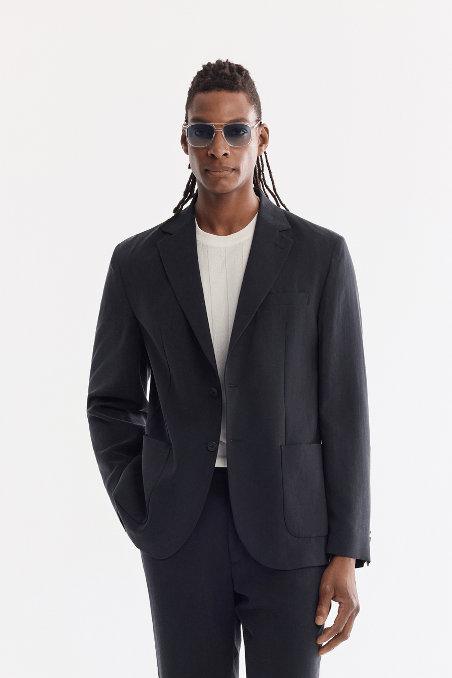 Siyah Mono Yaka Torba Cep Çift Yırtmaç Astarsız Malzemesiz Modal-Tensel Kumaşlı Ceket