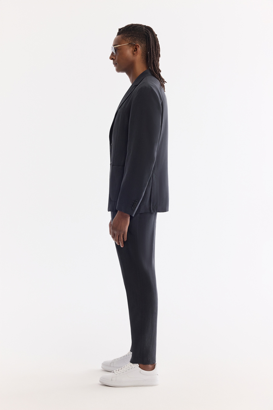 Siyah Mono Yaka Torba Cep Çift Yırtmaç Astarsız Malzemesiz Modal-Tensel Kumaşlı Ceket