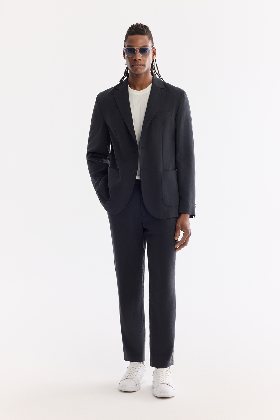 Siyah Mono Yaka Torba Cep Çift Yırtmaç Astarsız Malzemesiz Modal-Tensel Kumaşlı Ceket