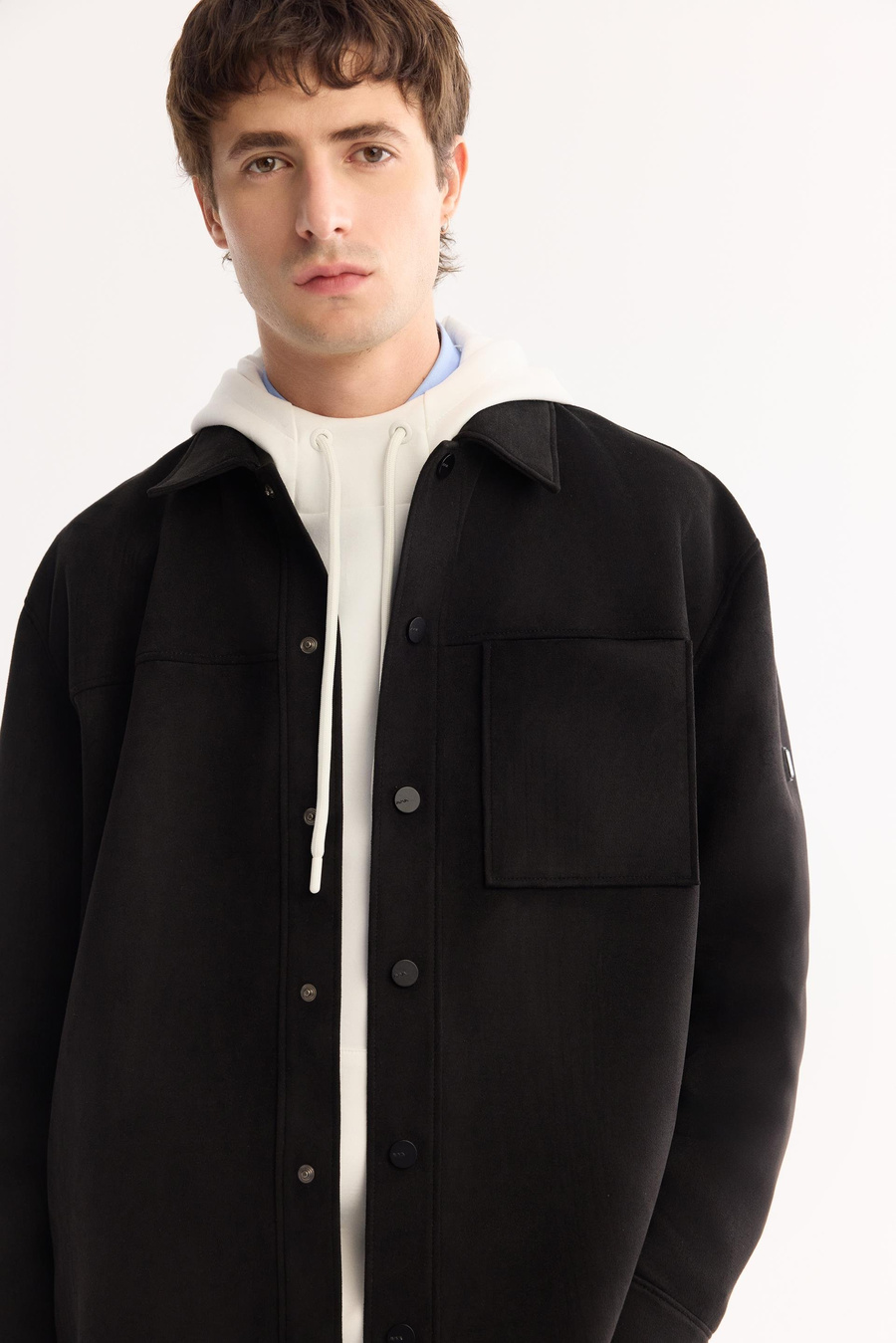 Siyah Önü Çıtçıt Düğme Kapama Cepli Süet Suni Deri Gömlek Ceket