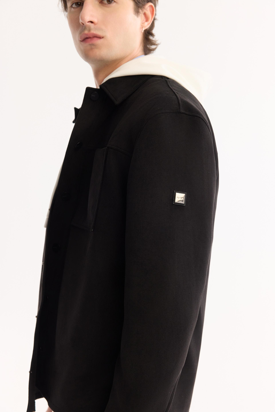 Siyah Önü Çıtçıt Düğme Kapama Cepli Süet Suni Deri Gömlek Ceket