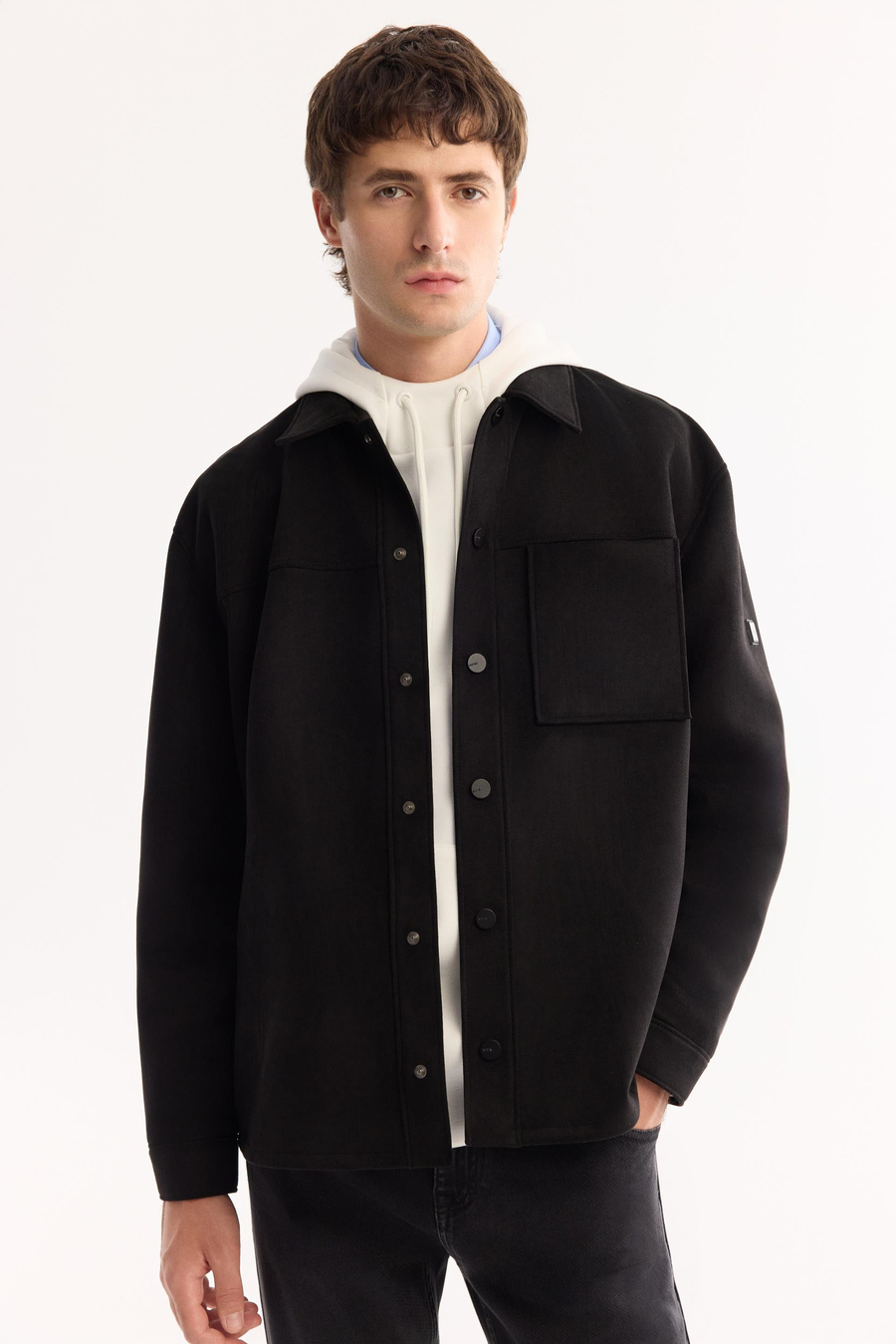 Siyah Önü Çıtçıt Düğme Kapama Cepli Süet Suni Deri Gömlek Ceket