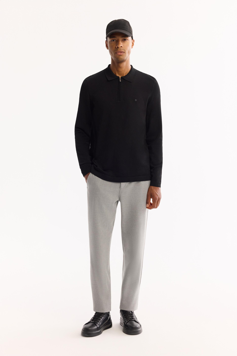 Siyah Polo Yaka Basic Düz Rayon Kazak