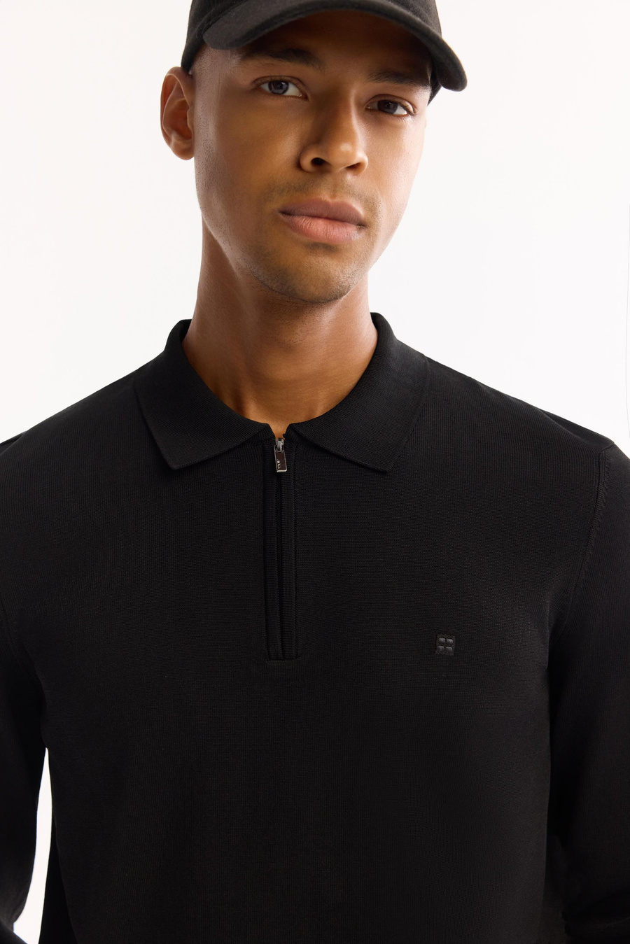 Siyah Polo Yaka Basic Düz Rayon Kazak