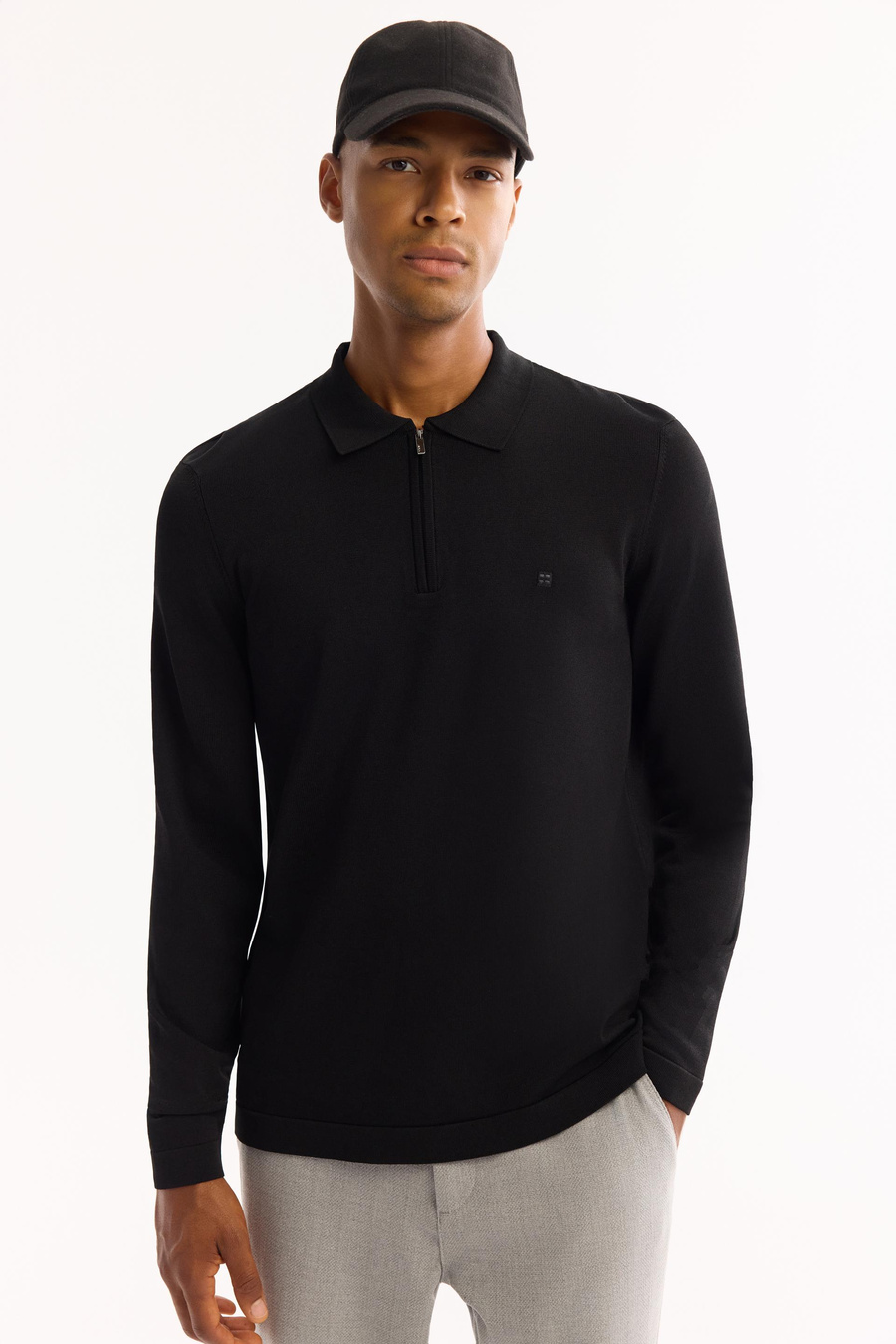 Siyah Polo Yaka Basic Düz Rayon Kazak