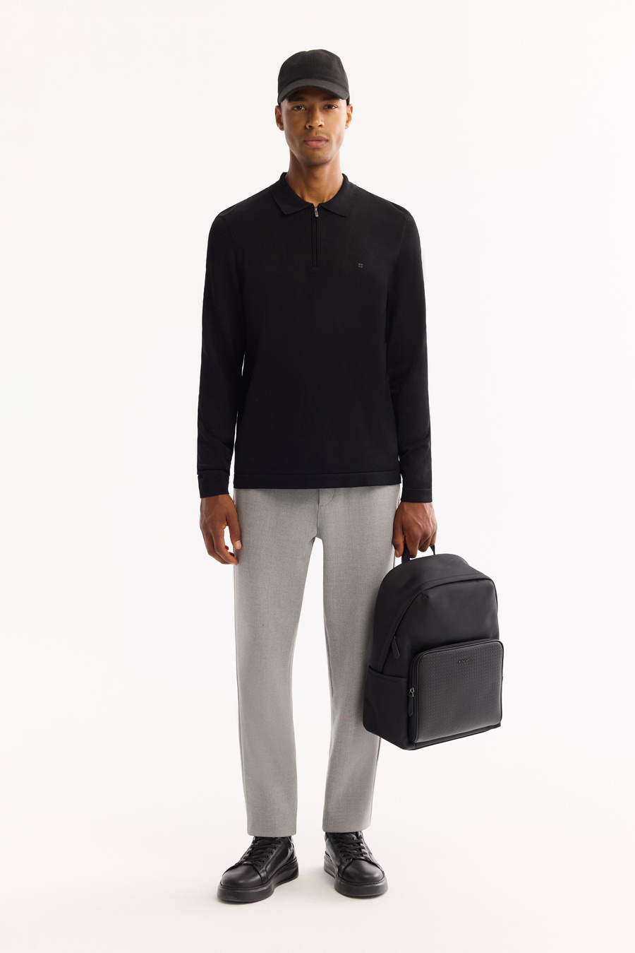 Siyah Polo Yaka Basic Düz Rayon Kazak