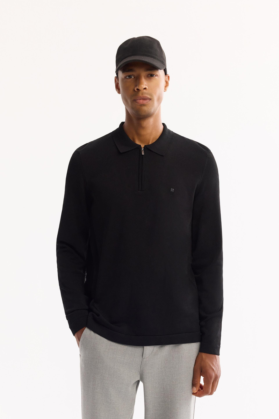 Siyah Polo Yaka Basic Düz Rayon Kazak