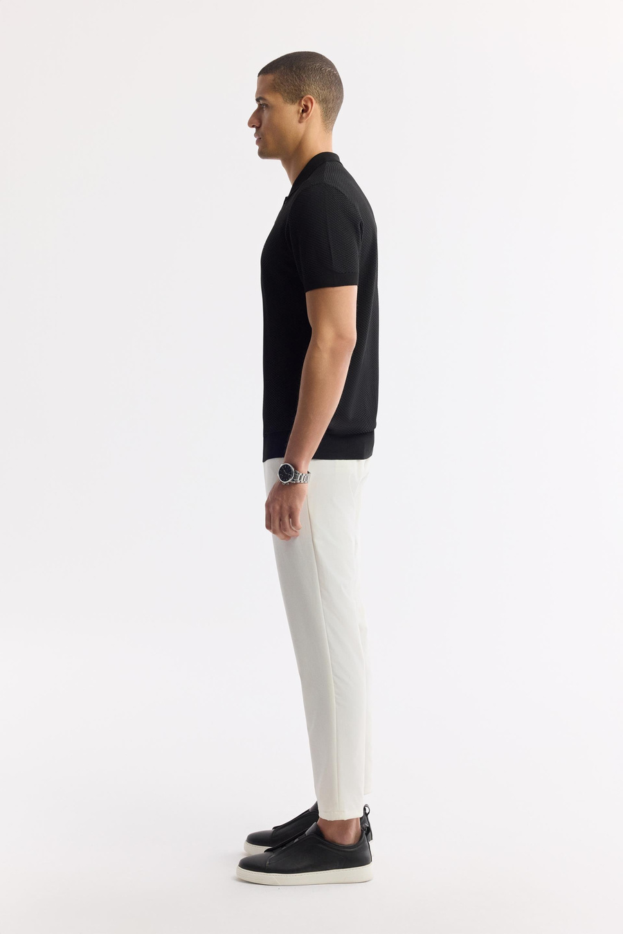 Siyah Polo Yaka Dokulu Triko T-shirt