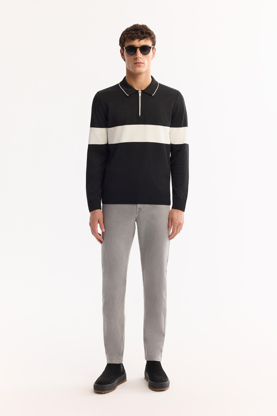 Siyah Polo Yaka Fermuarlı Blok Renkli Kazak