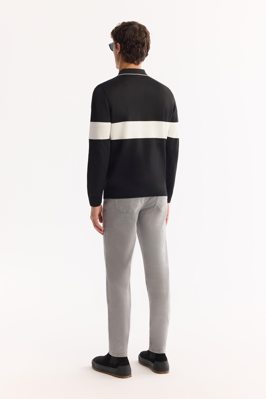 Siyah Polo Yaka Fermuarlı Blok Renkli Kazak