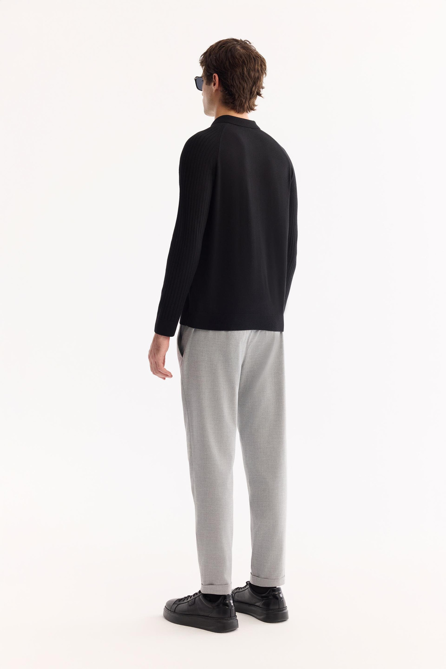 Siyah Polo Yaka Kolları Çizgi Örgü Detaylı Shoft Touch Kazak