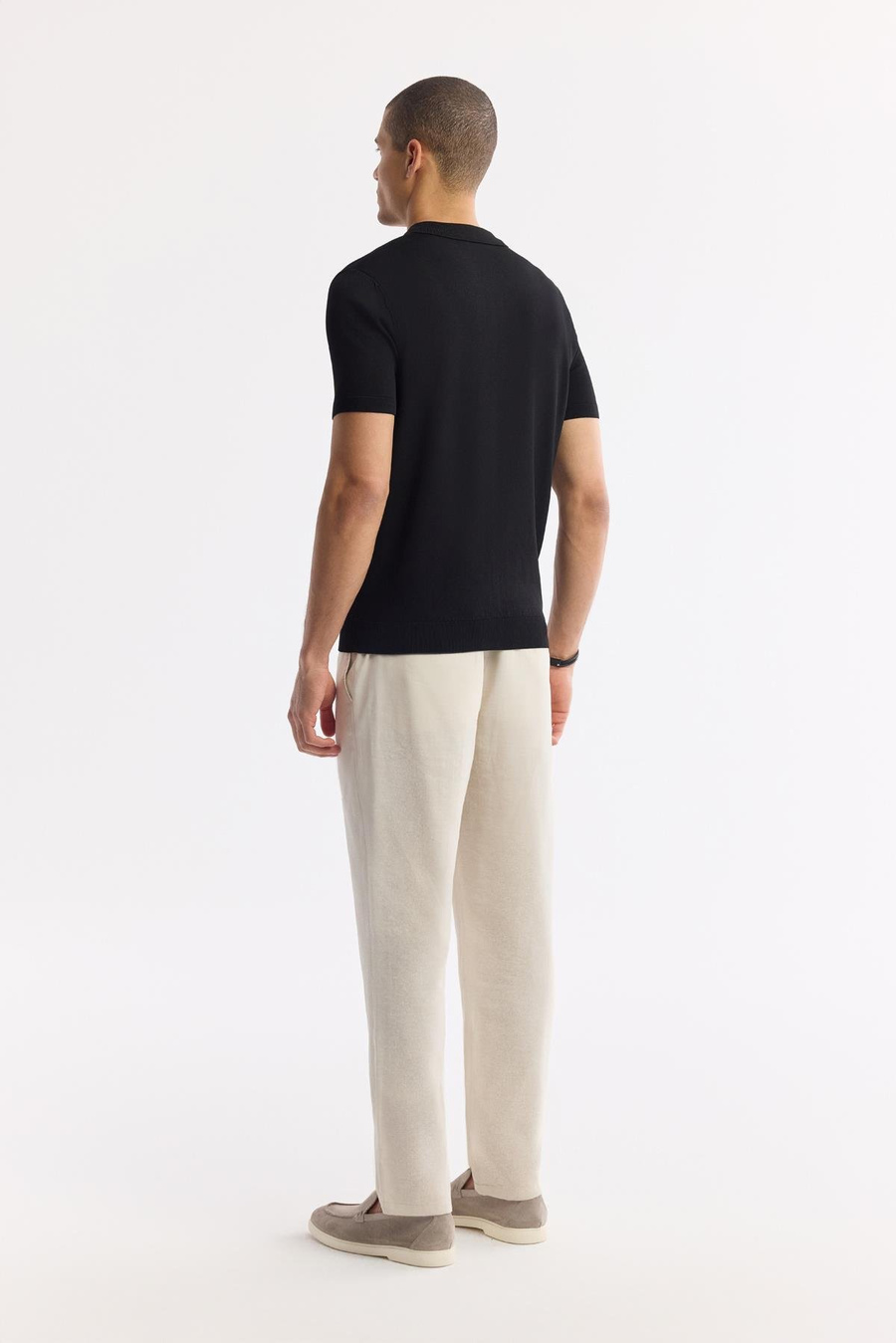 Siyah Polo Yaka Önden Düğmeli Fitil Örgü Desenli Rayon Triko T-shirt