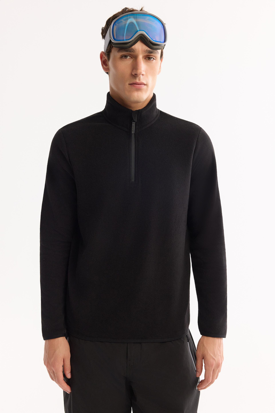 Siyah Soğuğa Dayanıklı Yarım Fermuarlı Dik Yaka Polar Sweatshirt