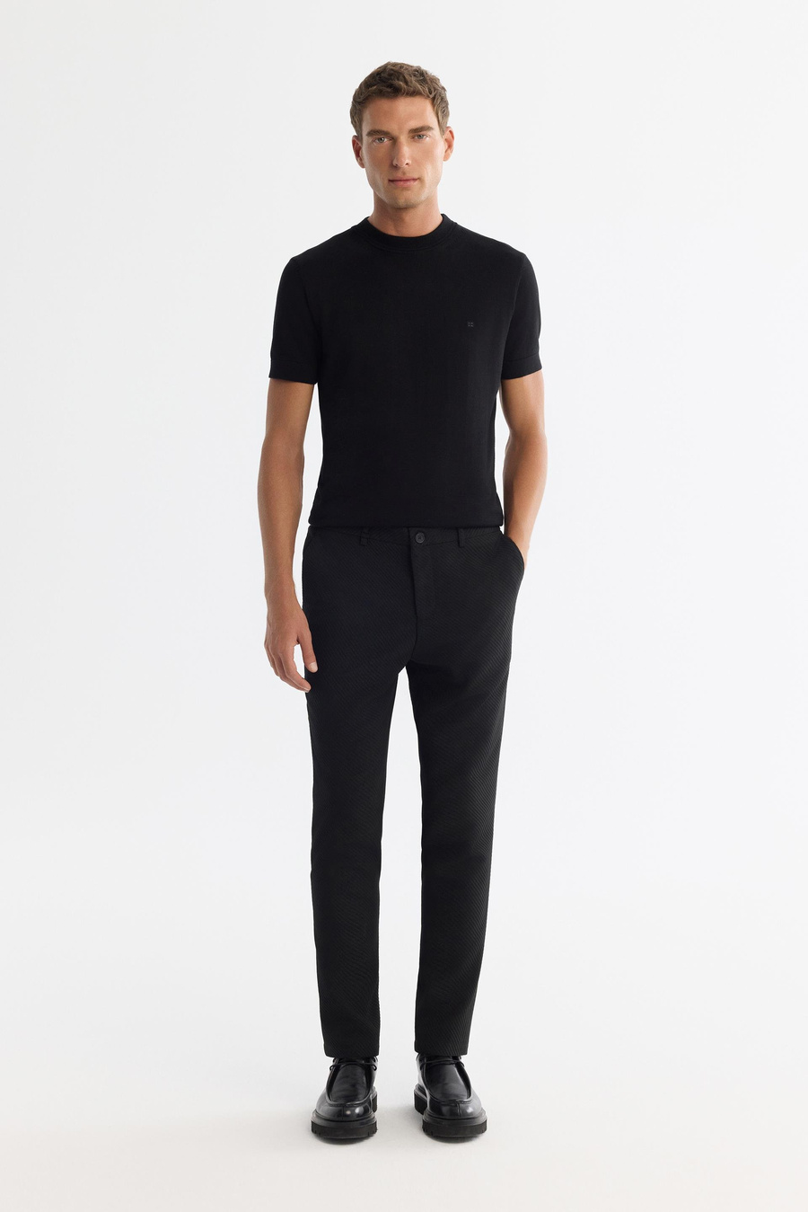 Siyah Yandan Cepli Diyagonel Kumaş Slim Fit Takım Pantolon