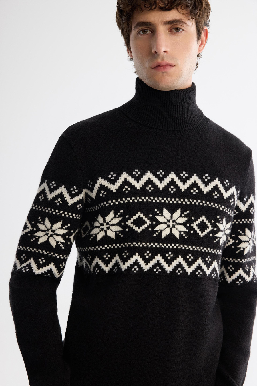 Siyah Yarım Balıkçı Yaka Kar Desenli Blok Renkli Kalın Kazak