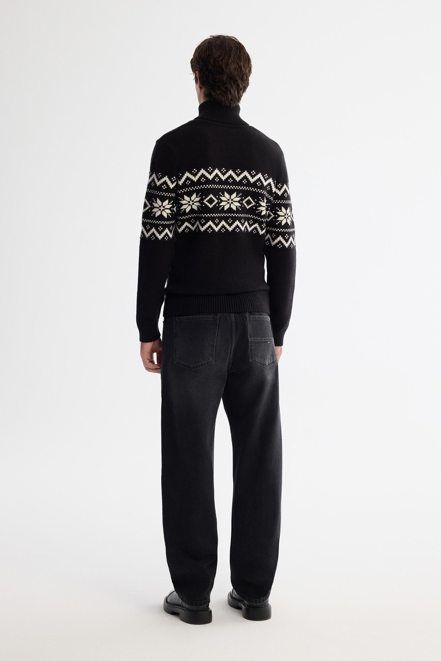 Siyah Yarım Balıkçı Yaka Kar Desenli Blok Renkli Kalın Kazak