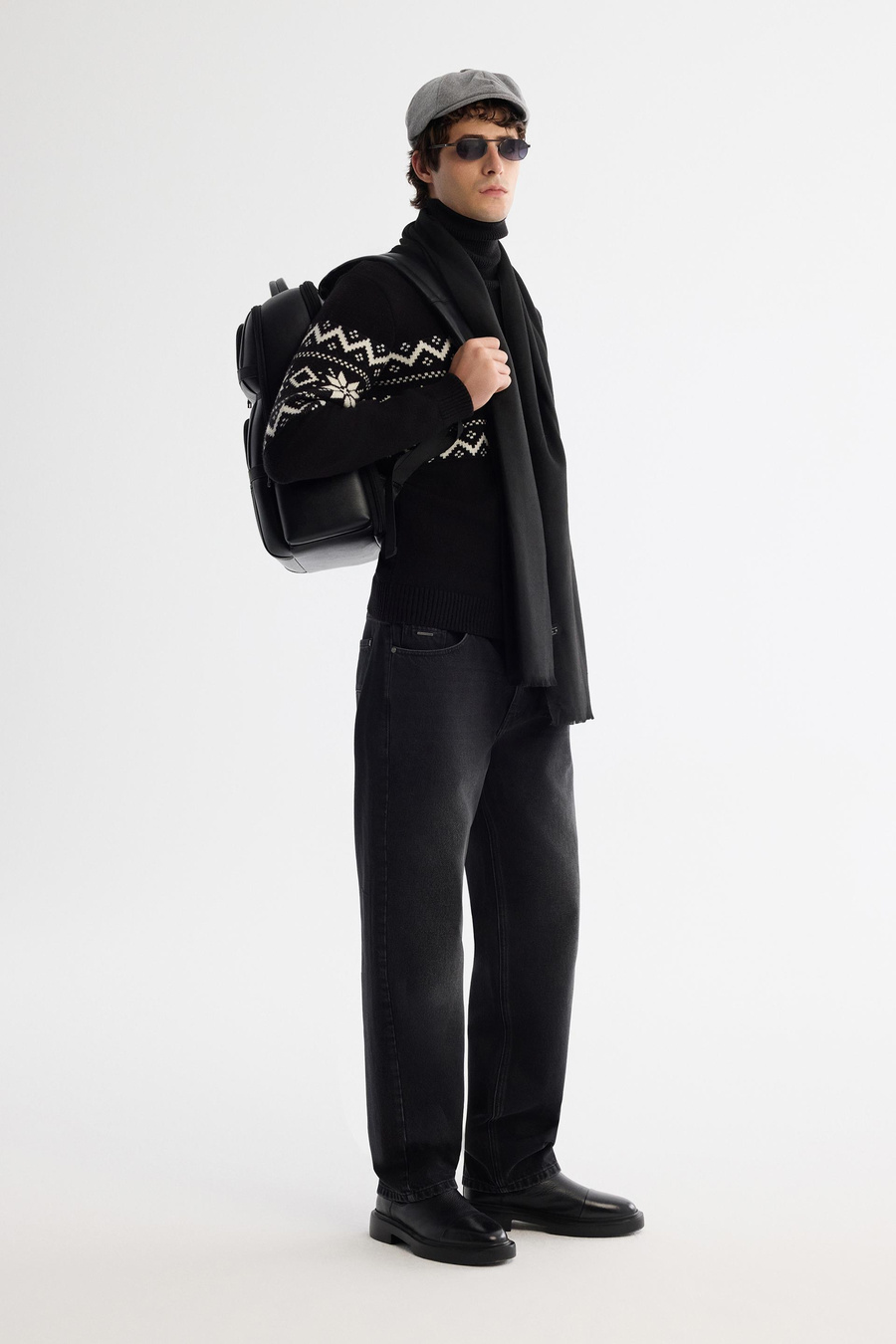 Siyah Yarım Balıkçı Yaka Kar Desenli Blok Renkli Kalın Kazak