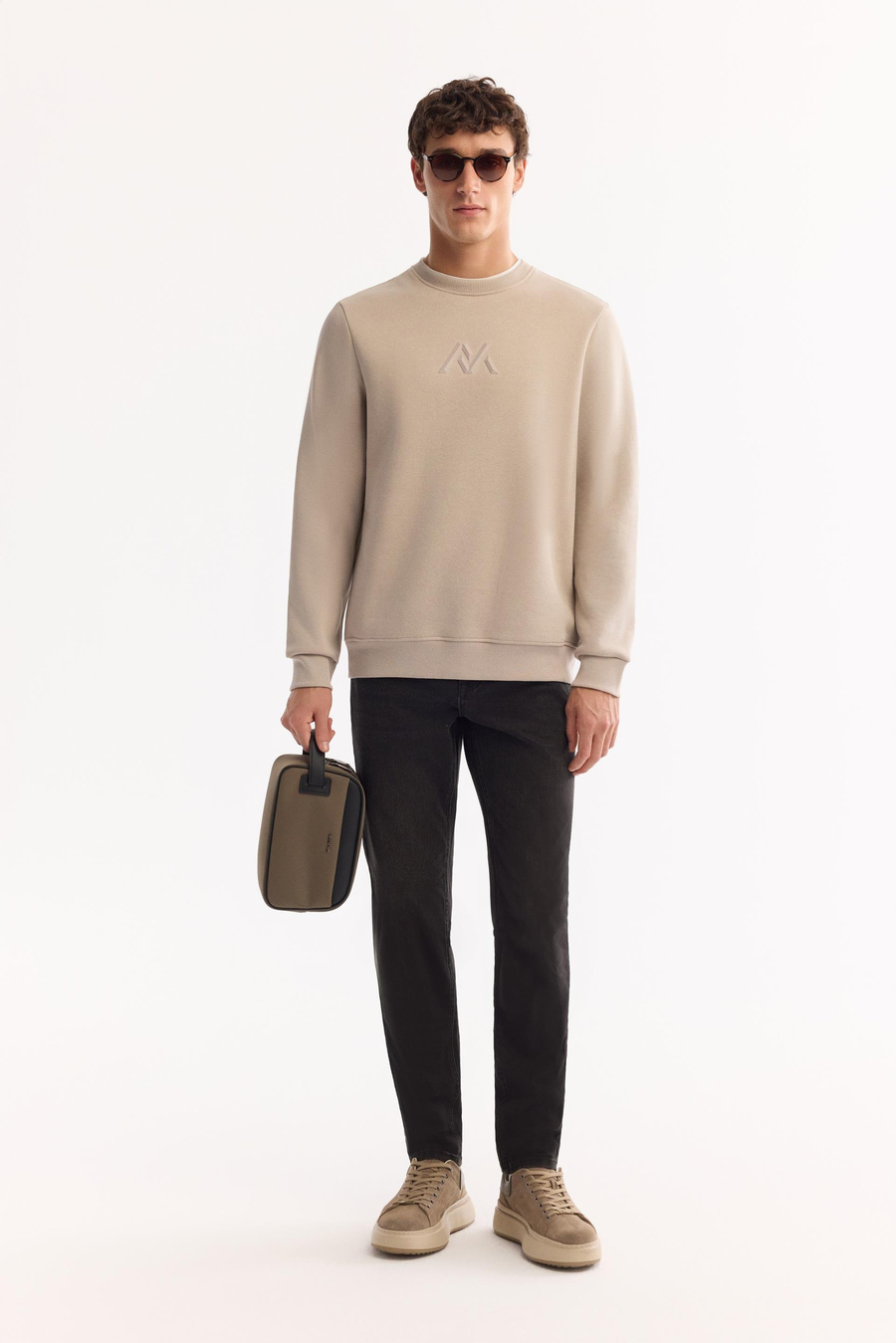 Taş Bisiklet Yaka Piramit Baskılı 3 İplik Şardonlu Sweatshirt