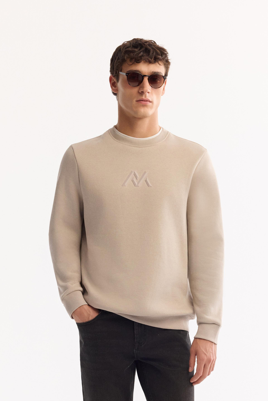 Taş Bisiklet Yaka Piramit Baskılı 3 İplik Şardonlu Sweatshirt