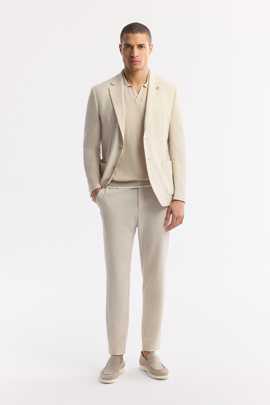 Taş Mono Yaka Torba Cep Çift Yırtmaç Astarsız Dokulu Ceket