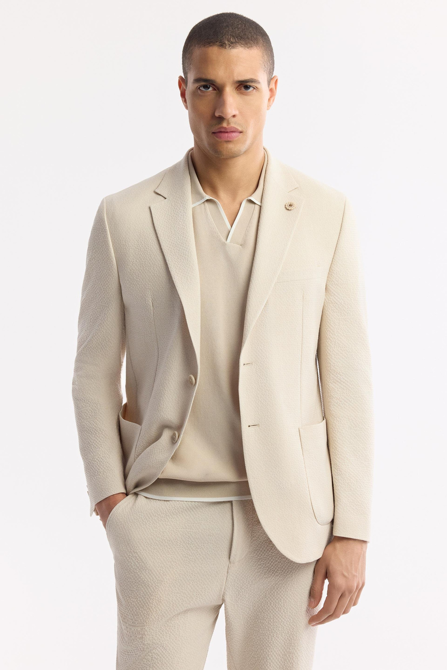 Taş Mono Yaka Torba Cep Çift Yırtmaç Astarsız Dokulu Ceket