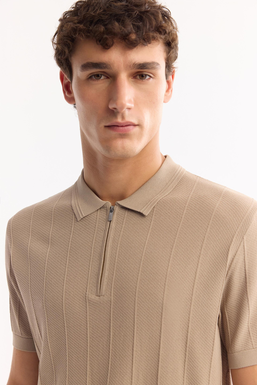 Vizon Polo Yaka Fermuarlı Dokulu Rayon Triko T-shirt