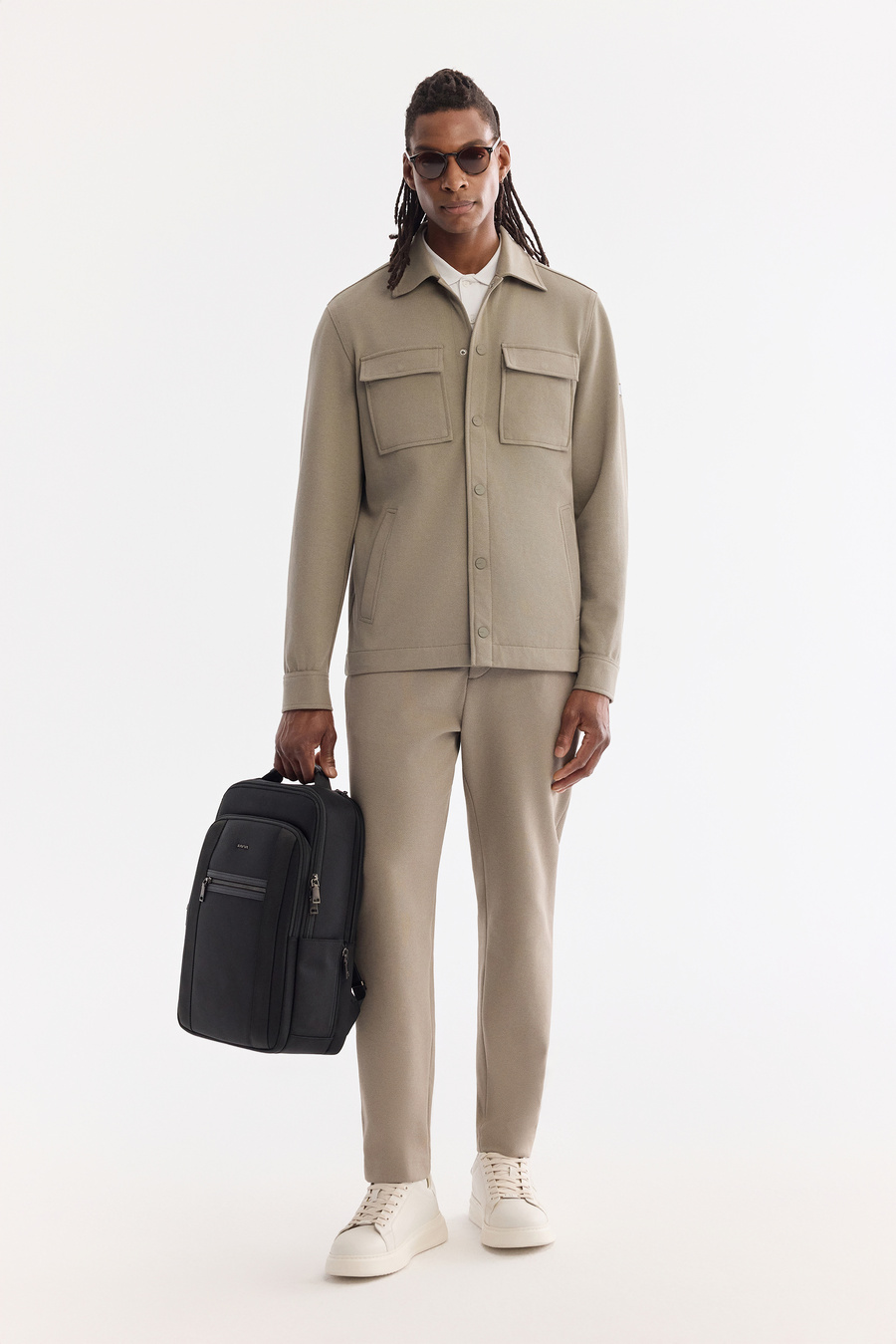 Yağ Yeşili Klasik Yaka Diyagonel Çift Cep Kapaklı Örme Gömlek Ceket