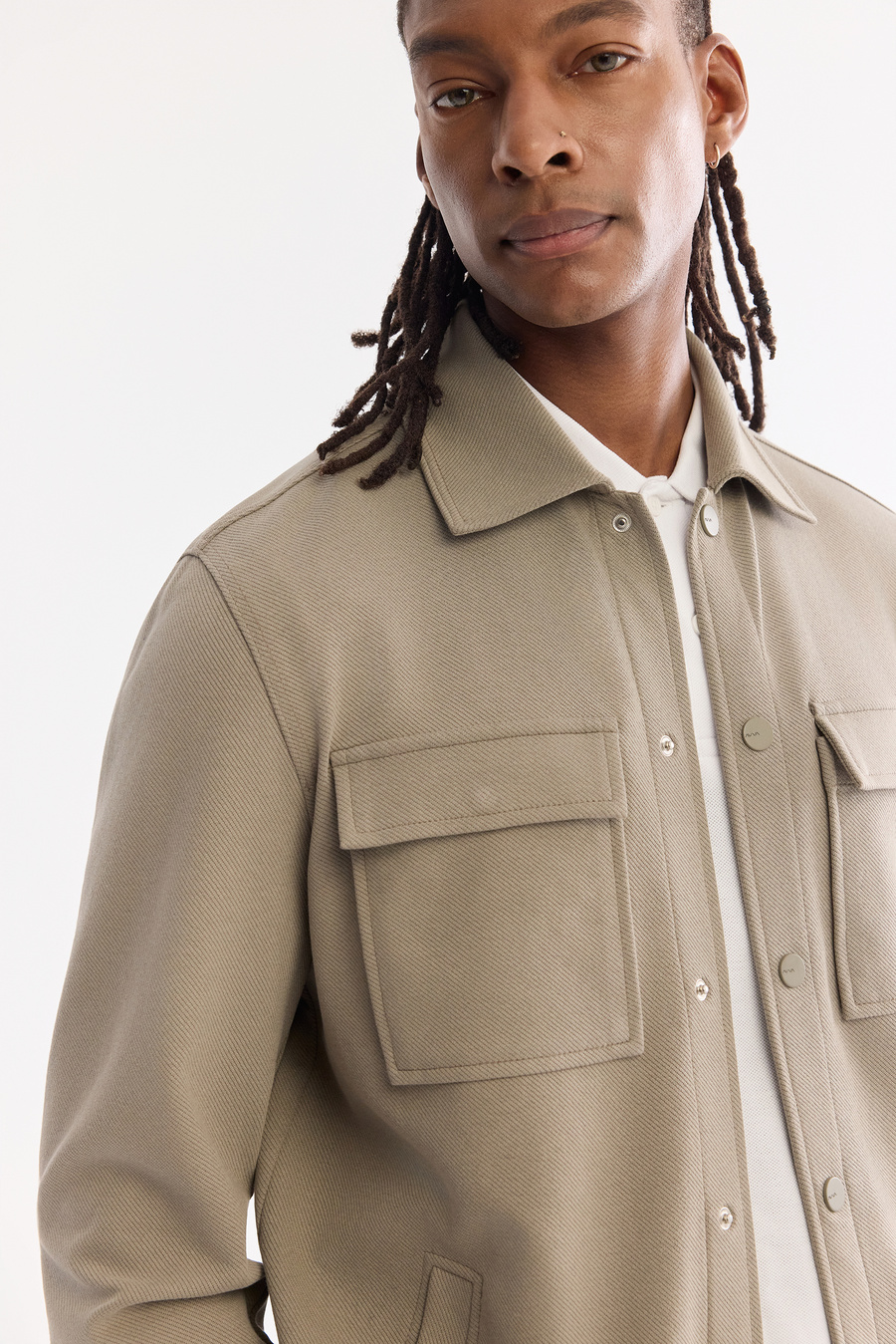 Yağ Yeşili Klasik Yaka Diyagonel Çift Cep Kapaklı Örme Gömlek Ceket